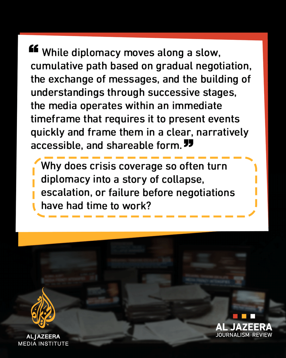 AJR_English's tweet photo. What gets lost when media coverage of war is built for speed and drama, while diplomacy depends on ambiguity, caution, and time?

In the article provided, the analysis examines the structural gap between media coverage of international crises and the slower, less visible processes of diplomacy. It argues that the difference is not simply a matter of bias or missing information, but of competing rhythms: journalism often demands clear, immediate narratives, while diplomacy relies on gradual negotiation, ambiguity, and channels that may not be public. 

Using coverage of the American-Israeli war on Iran and Omani calls for ceasefire and dialogue as an example, the article shows how the attention economy can elevate narratives of confrontation while pushing diplomatic complexity to the margins.

🔗 Link to the full article is in the comments below.

#CrisisReporting #MediaFraming #WarCoverage #Diplomacy #InternationalJournalism #AttentionEconomy #MiddleEastPolitics