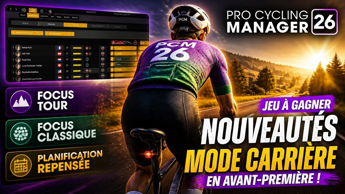 mr_procycman's tweet photo. Je teste les NOUVEAUTÉS du mode carrière de PCM 26 en AVANT-PREMIÈRE ! @PCyclingManager @CyanideStudio 

Focus Tour, nouvelles formes du jour, planification, simulation détaillée… 👀

📺 La vidéo : https://t.co/I0FHRSRxbZ
#PCM26 #ProCyclingManager26 https://t.co/KAkMfXBCng