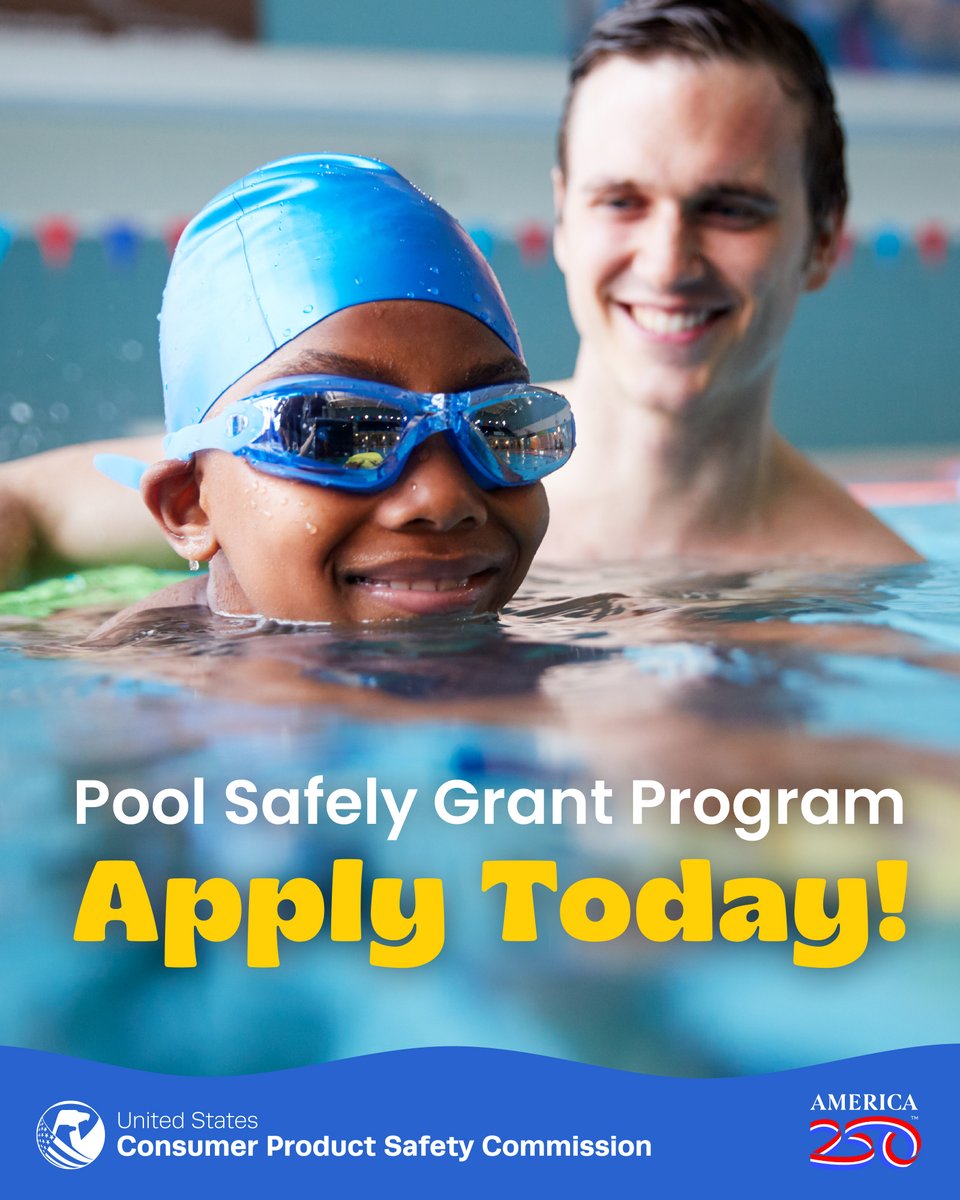 USCPSC's tweet photo. CPSC is making up to $4 million available to state, local and tribal governments through its grant program to support efforts to prevent drowning and drain entrapments in pools and spas. Tell your government to apply today! https://t.co/5ivMzBpSDE https://t.co/O5pqtjazxq