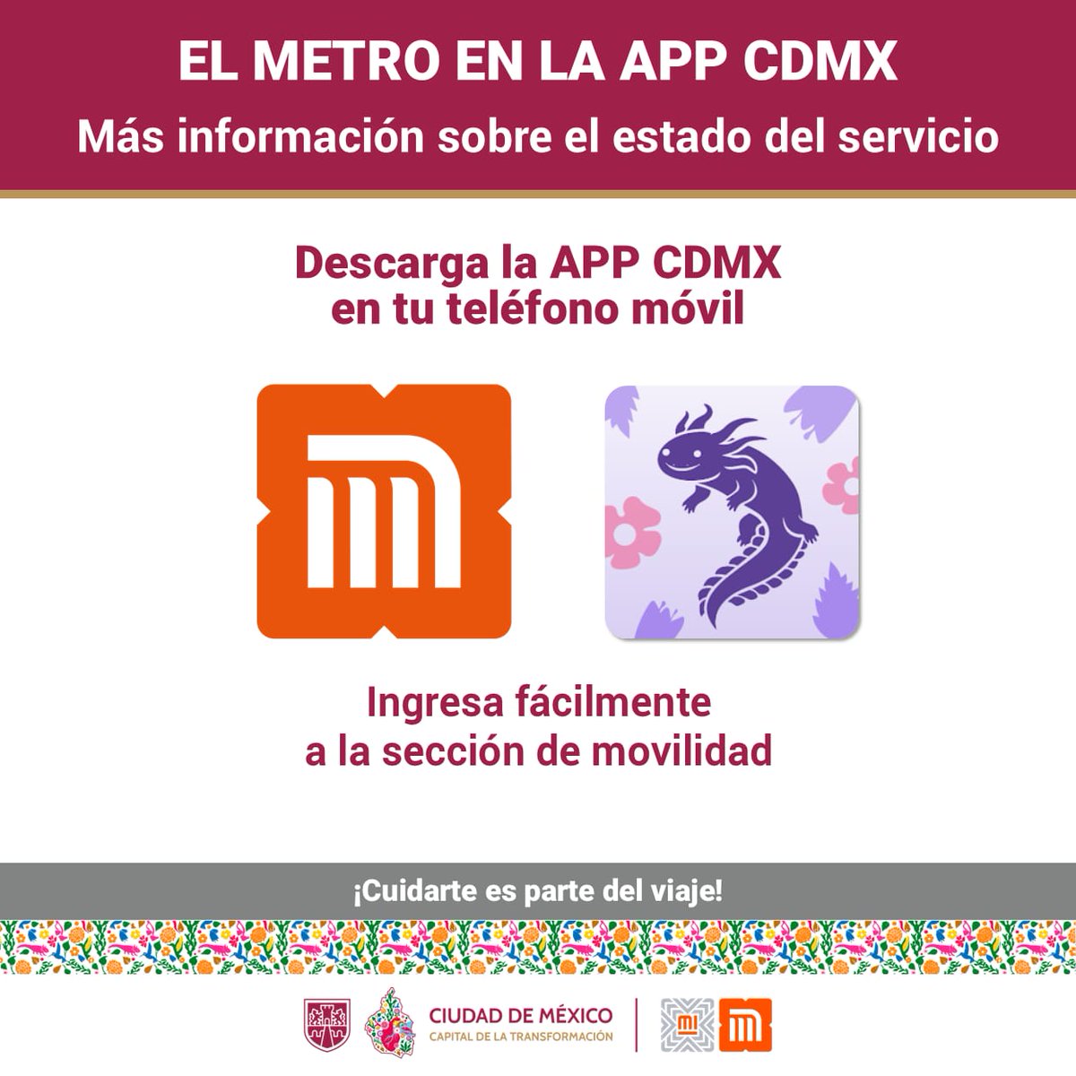 MetroCDMX's tweet photo. Recuerda que también puedes consultar el estado del servicio del Metro en la #AppCDMX, en la sección de #MovilidadIntegrada. Mantente informado, toma previsiones y planifica tus trayectos. 🚇📲

#CuidarteEsParteDelViaje
#MovilidadCDMX https://t.co/cNtvnBz5sW