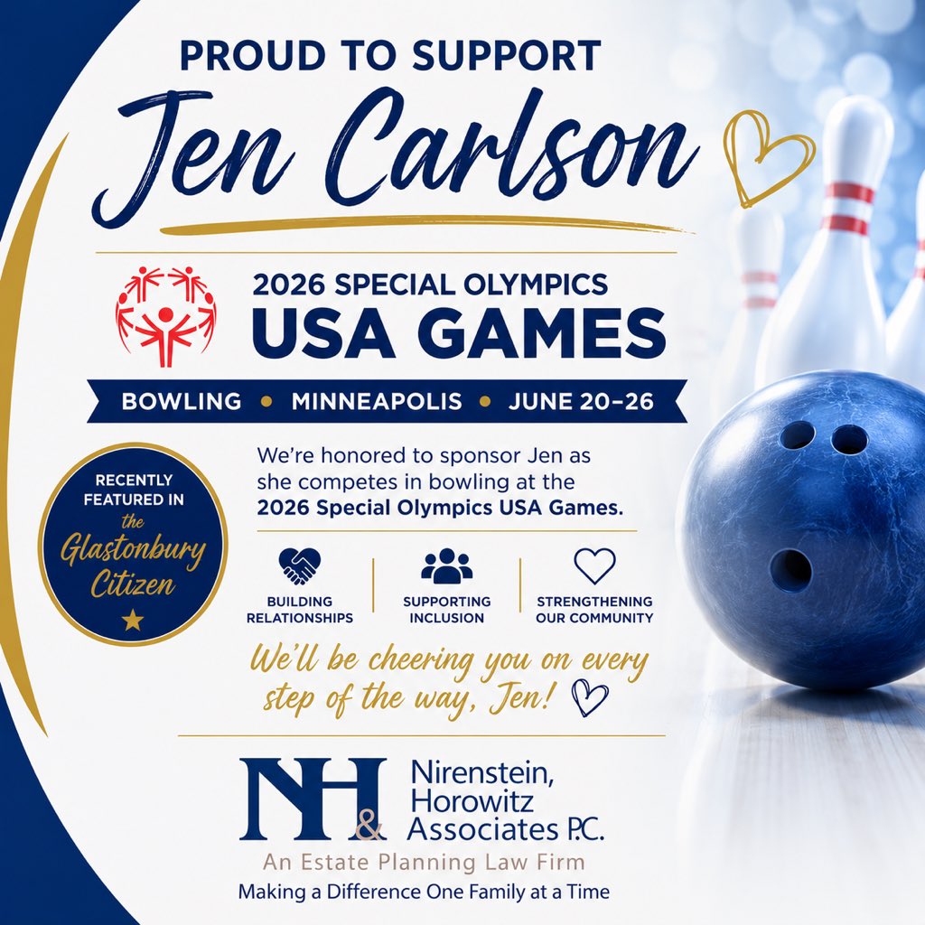 NHALAW's tweet photo. We’re proud to share that Nirenstein, Horowitz &amp; Associates is sponsoring Jennifer “Jen” Carlson as she prepares to compete in bowling at the 2026 Special Olympics USA Games in Minneapolis this June! 🎳🏅

#NHACommunityServiceCommittee #SpecialOlympics #USAGames #TeamJen https://t.co/544FrZGOgL