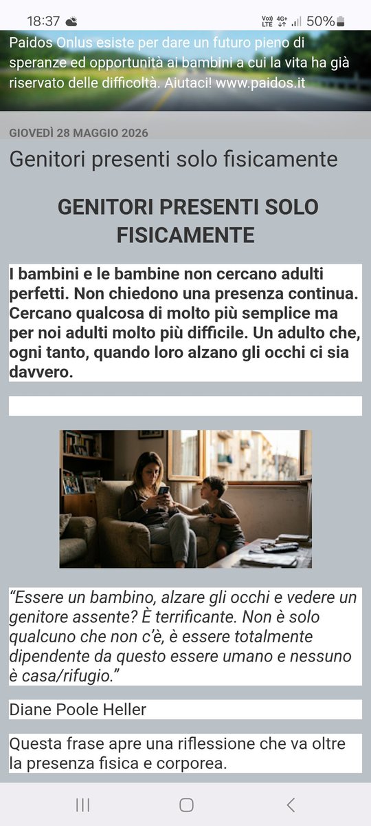 PaidosCoop's tweet photo. GENITORI PRESENTI SOLO FISICAMENTE

I bambini e le bambine non cercano adulti perfetti. Non chiedono una presenza continua. Cercano qualcosa di molto più semplice ma per noi adulti molto più difficile. Un adulto che ci sia.

https://t.co/CiqzpjmBqy https://t.co/Hyr2YXnXsb
