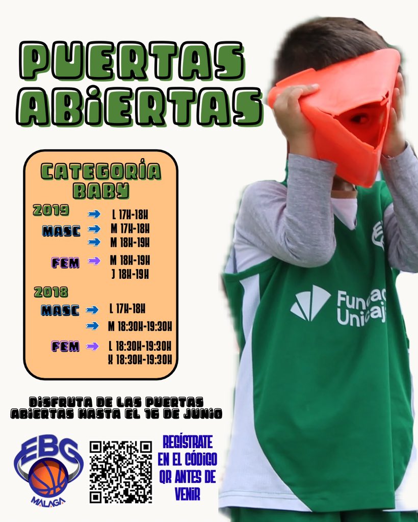 EBGMALAGA's tweet photo. 🚨🏀 ¡Puertas abiertas! Si te apasiona competir, mejorar y disfrutar del baloncesto… ¡esta es tu Escuela! 

Busca tu categoría y regístrate escaneando el código QR … ¡Te esperamos! 🙌🏼

@FundUnicaja 

#somosEBG🧡💚 https://t.co/nwVnwBENh9