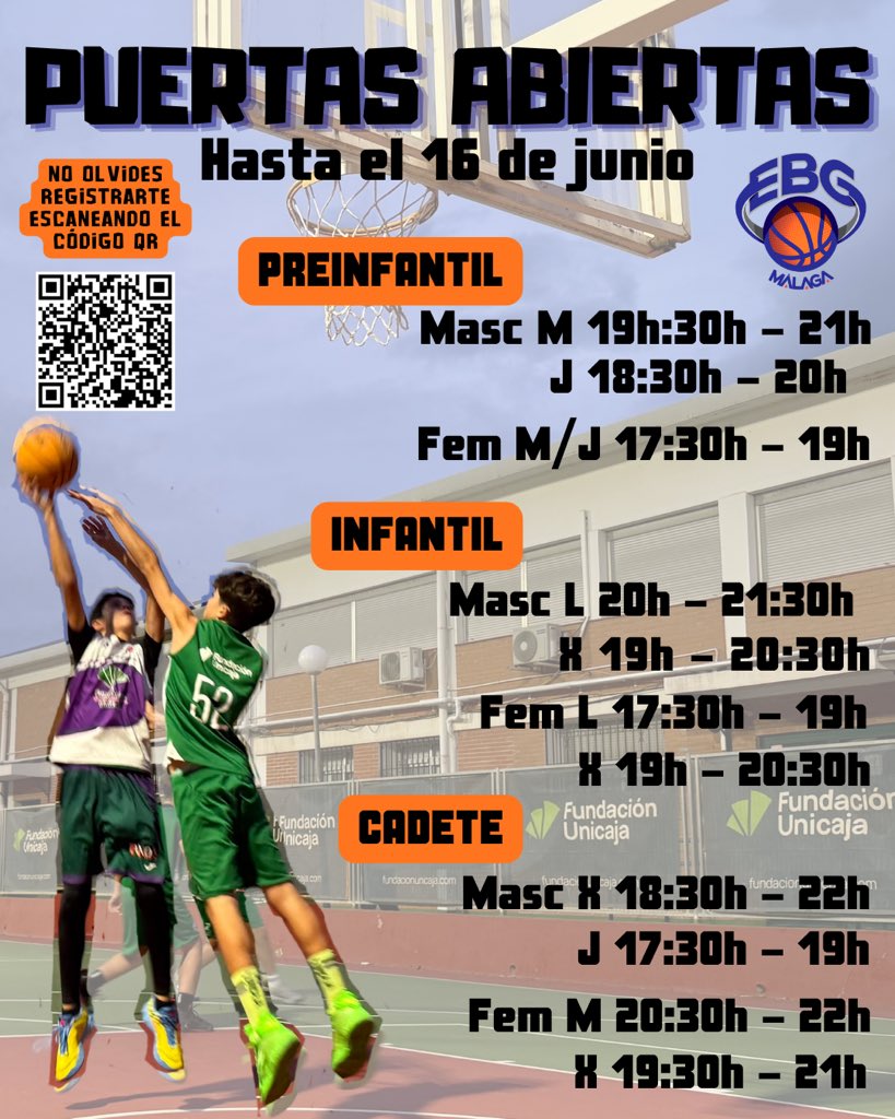 EBGMALAGA's tweet photo. 🚨🏀 ¡Puertas abiertas! Si te apasiona competir, mejorar y disfrutar del baloncesto… ¡esta es tu Escuela! 

Busca tu categoría y regístrate escaneando el código QR … ¡Te esperamos! 🙌🏼

@FundUnicaja 

#somosEBG🧡💚 https://t.co/nwVnwBENh9