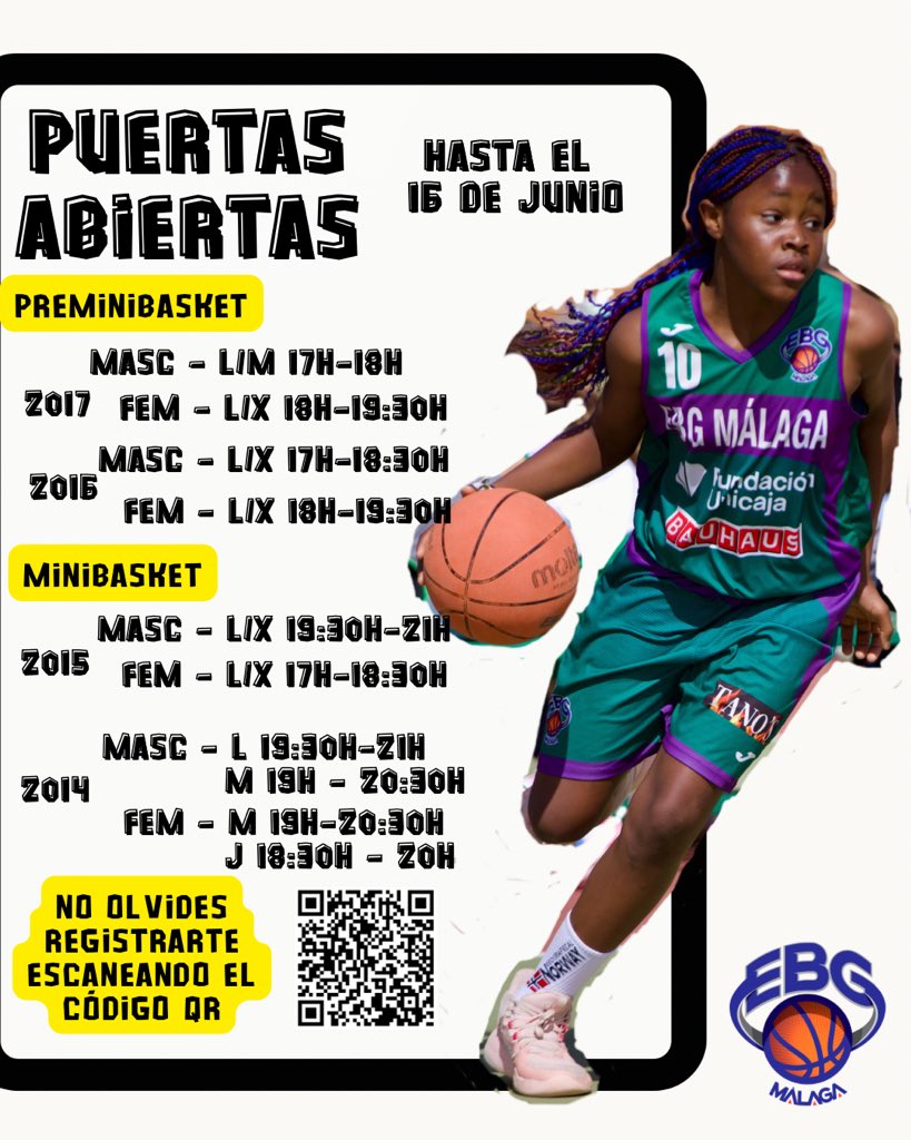 EBGMALAGA's tweet photo. 🚨🏀 ¡Puertas abiertas! Si te apasiona competir, mejorar y disfrutar del baloncesto… ¡esta es tu Escuela! 

Busca tu categoría y regístrate escaneando el código QR … ¡Te esperamos! 🙌🏼

@FundUnicaja 

#somosEBG🧡💚 https://t.co/nwVnwBENh9