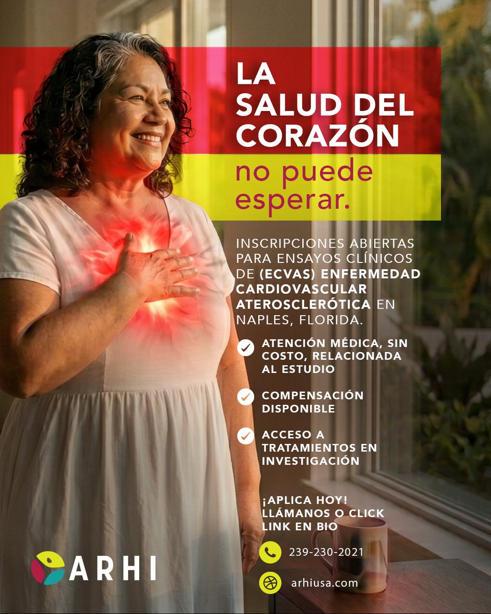 arhiusa's tweet photo. ❤️ Tu salud cardíaca no puede esperar. ARHI está reclutando para estudios clínicos de ASCVD en Naples, Florida. 🫀 Atención sin costo, compensación disponible y acceso a tratamientos en investigación.

📞 (239) 230-2021
🌐 https://t.co/wOvdLg0Kn4
#NaplesFlorida #florida #heart https://t.co/ExxTddiZbx