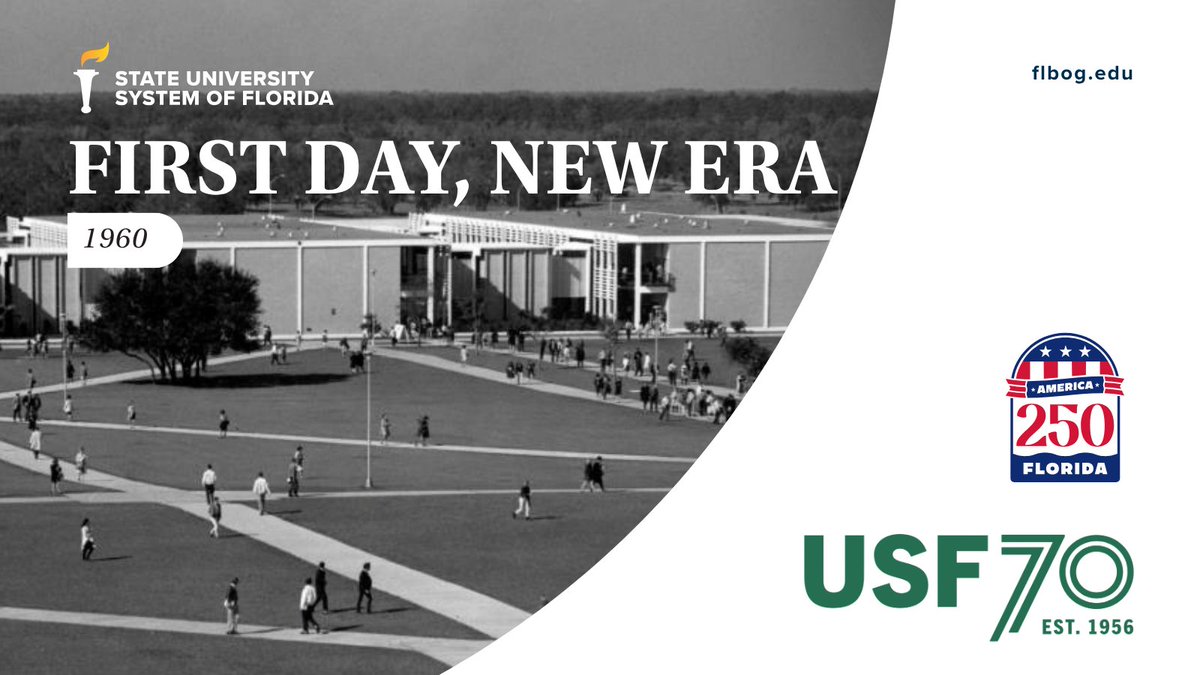 SUS_Florida's tweet photo. On September 26, 1960, @USouthFlorida welcomed its first class, launching Florida’s first major metropolitan university of the 20th century and expanding access to higher education.
__ 
#SUSFL @America250FL https://t.co/M0xvEa7ZT8