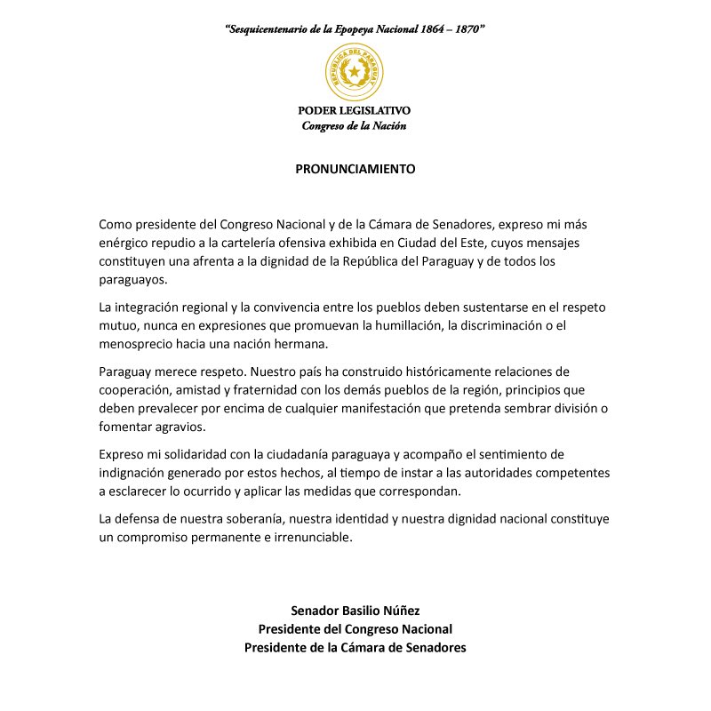 SenadoresPy's tweet photo. 📄 Pronunciamiento del presidente del Congreso Nacional y de la Cámara de Senadores, senador Basilio Núñez.

#CongresoNacional #SenadoPy https://t.co/vSo52g8uqI