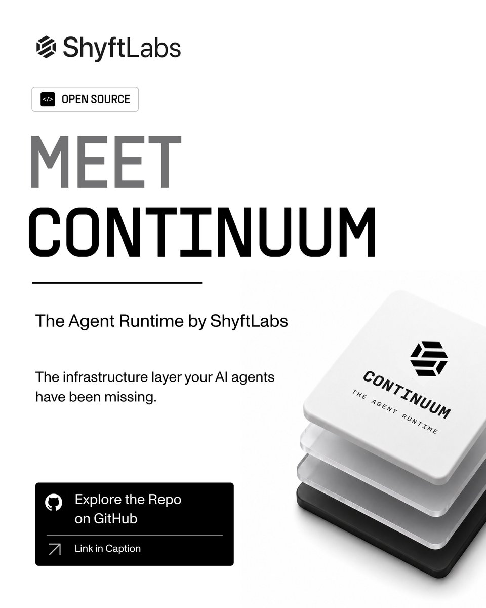 ShyftLabs_io's tweet photo. 🚀 Continuum is now OPEN SOURCE.

Continuum is the agent runtime by ShyftLabs, built to help teams build, orchestrate, and ship reliable AI agents at enterprise scale. Production-grade agentic AI shouldn't require building infrastructure from scratch.

That's why Continuum brings together everything needed to run production-grade agent systems:

1. Multi-agent orchestration
2. Smart Inference for cost-aware model routing
3. Persistent memory
4. MCP-native tools
5. Durable workflows
6. Evaluation frameworks
7. End-to-end observability

Explore the code, try it out, contribute, and help shape what's next.

🌐 Website:https://t.co/ocruOQaubs
🔗 Repository:https://t.co/XQUF6KWWlo
📚Documentation:https://t.co/TeNqOjqLpp

#OpenSource #AIAgents #AgenticAI #LLMOps #MCP #ArtificialIntelligence #ShyftLabs #Continuum