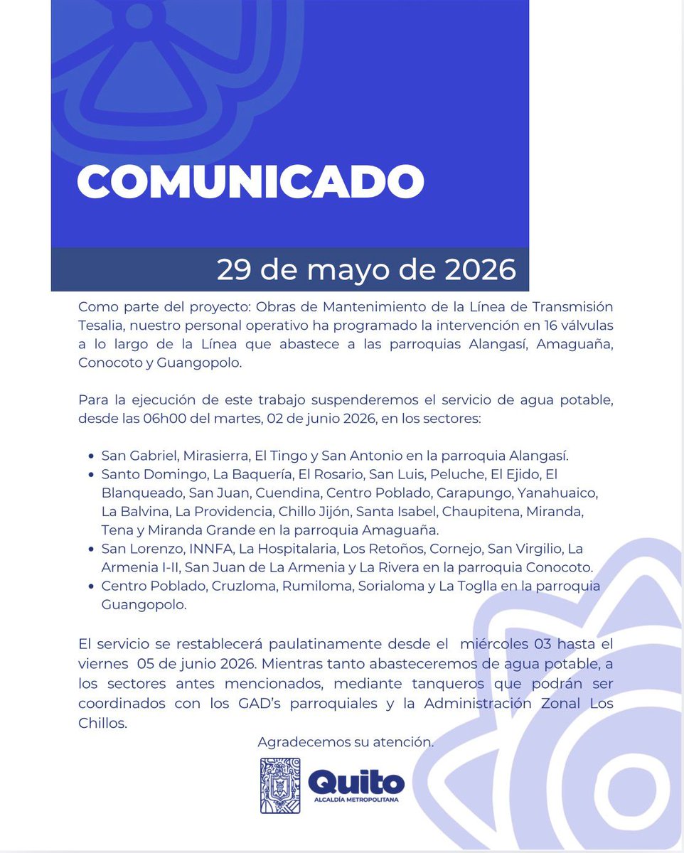 aguadequito's tweet photo. 📄 #Comunicado | Suspensión temporal de agua potable. https://t.co/d0HizpuAc0