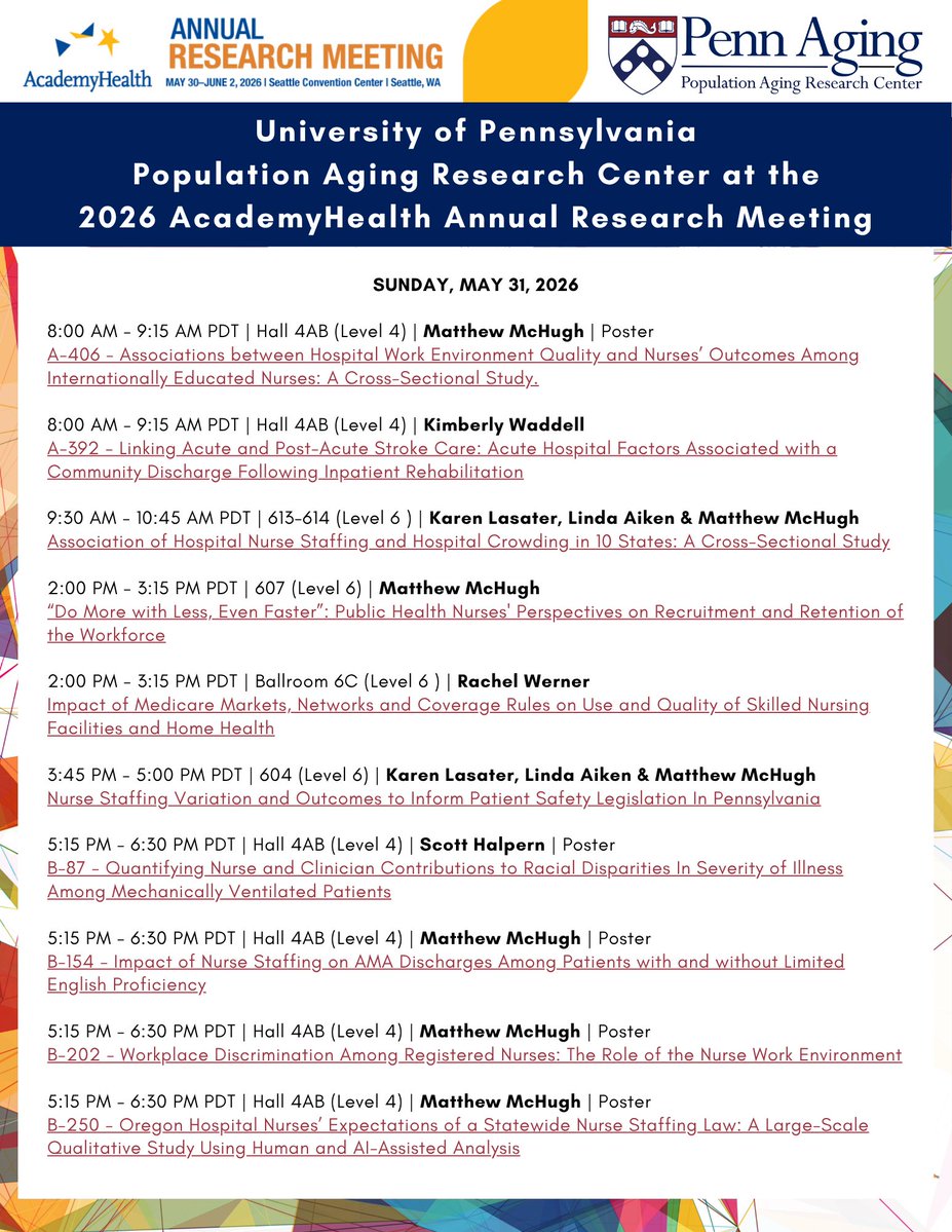 PennPSC's tweet photo. Population Aging Research Center (PARC) &amp; Population Studies Center (PSC) researchers are presenting at the @academyhealth Annual Meeting #ARM2026

Our list of events: https://t.co/DRRTcEpQjy

Also see @pennldi https://t.co/Iy5Pd9mIbr https://t.co/AhvptXEuEn