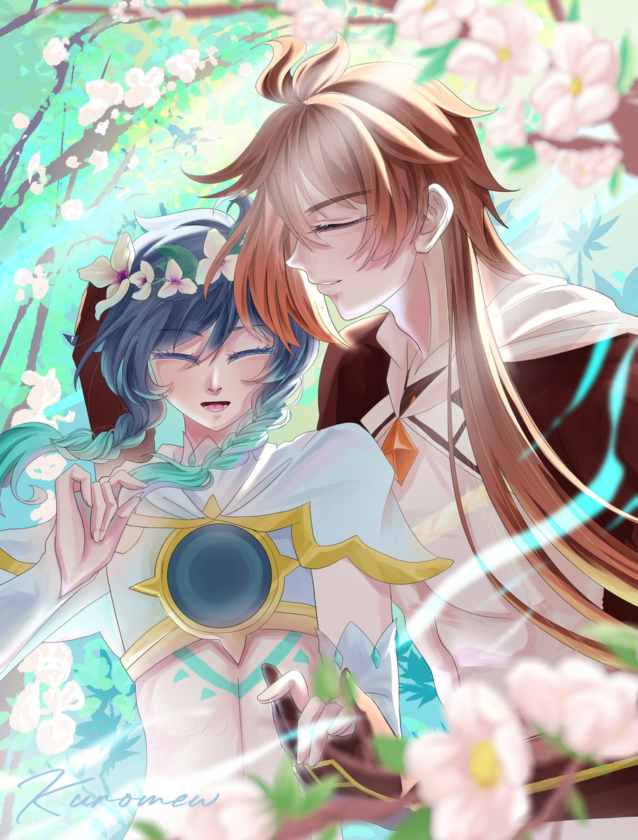 Kuromew_04's tweet photo. [🔶🍃] This idea of mine was actually inspired by listening to a song from Vietnam. Initially, I planned for them to wear wedding attire, but then I changed it to the Archon set because I haven't finished designing the wedding clothes yet 
#Zhongven #GenshinImpact #venti #Zhongli https://t.co/xYTOlW01aW