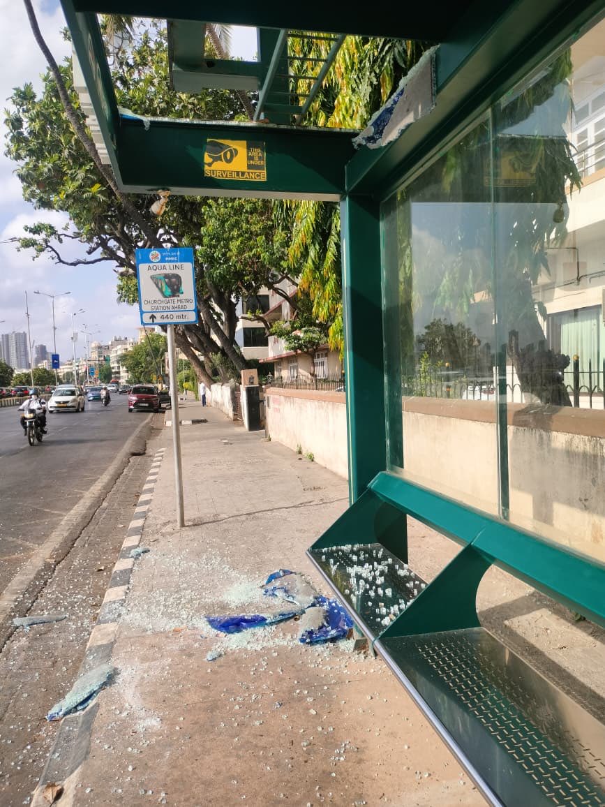 richapintoi's tweet photo. A glass roof at the CCI Club bus stop on Netaji Subhash Chandra Marg along Marine Drive was found damaged on Friday evening around 3.30 pm.

The broken glass was noticed at the bus stop serving BEST bus routes 136 and 138 in the down direction (Bus Stop Code No. 16018). No injuries were reported in the incident. The cause of the glass breakage is under investigation.