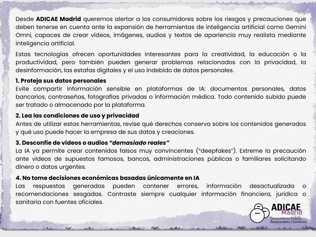 ADICAEMadrid's tweet photo. Desde ADICAE Madrid os invitamos a leer este artículo sobre la IA ¨Gemini Omni". ¡No te lo pierdas! https://t.co/GibYbmg3R6