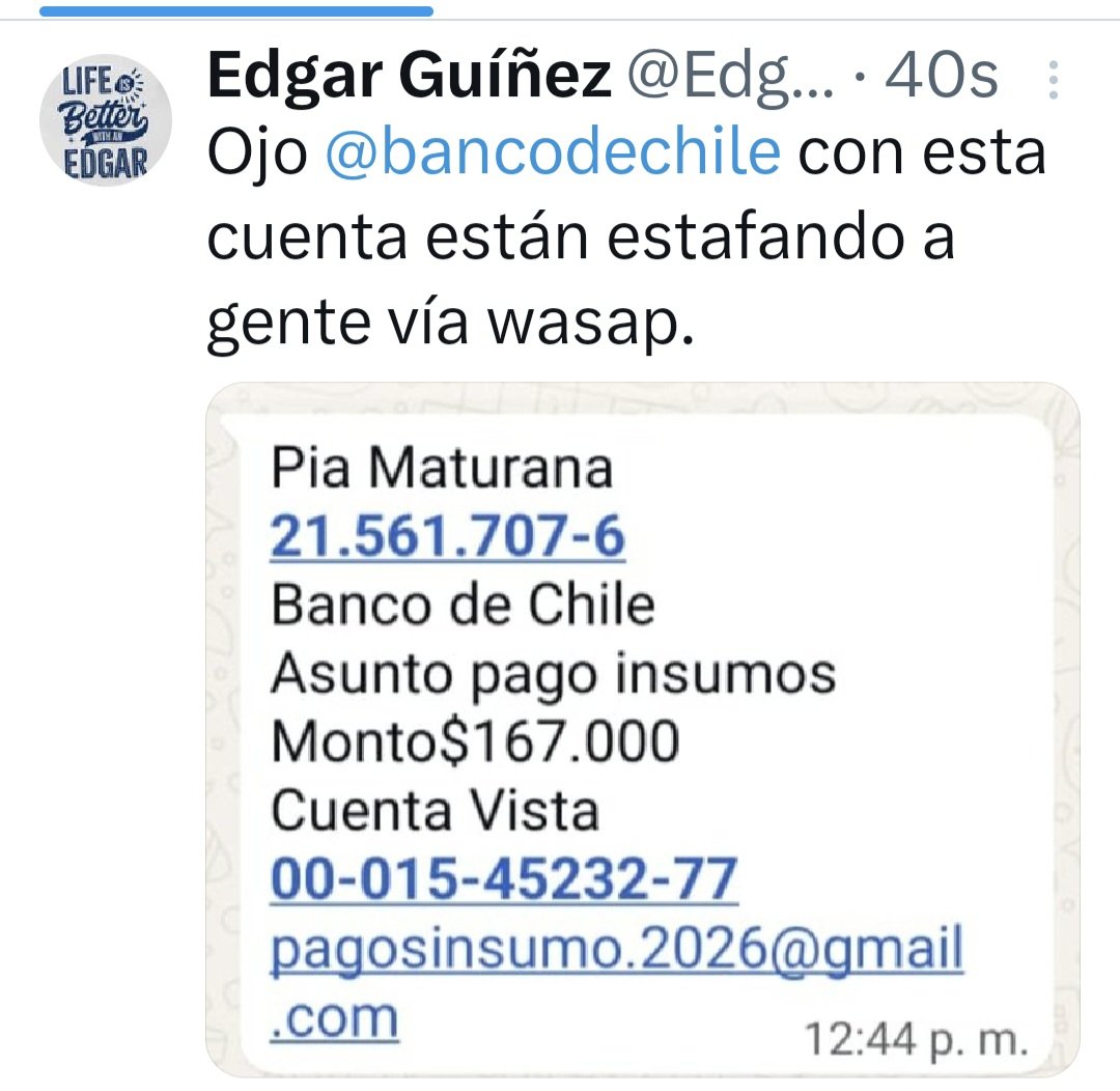 SICNoticia's tweet photo. Ojo @bancodechile con esta cuenta están estafando a gente vía wasap. https://t.co/yzhZwsSFO0