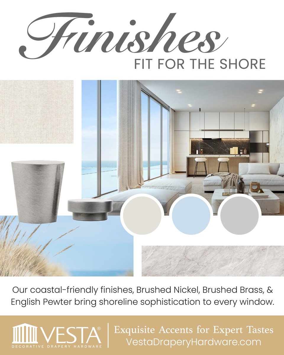 VestaDrapery's tweet photo. Designed with the coast in mind. 🌊 

Our signature finishes add a soft, elevated touch to any window, perfect for the warmer months ahead. ☀️

https://t.co/iv2K4gye0y

#VestaDraperyHardware #InteriorDesigner #InteriorDesign https://t.co/7SgBzw7ZaC
