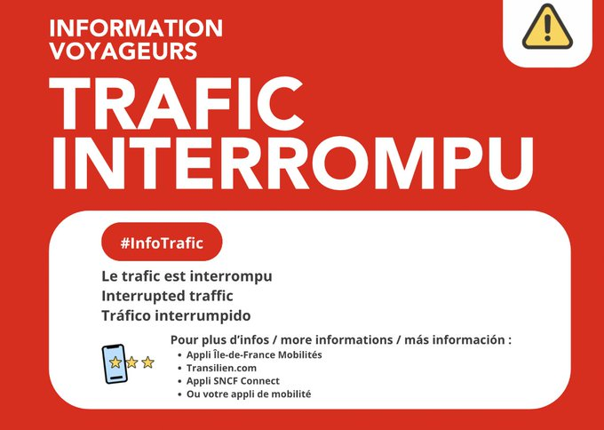 RERC_SNCF's tweet photo. ❌#InfoTrafic #RERC

Le trafic est interrompu entre Versailles-Château et Viroglay-Rive-Gauche et de Saint-Quentin-en-Yvelines vers Champ-de-Mars en raison d'un train ELAO en panne.

⏱Heure de reprise estimée : 20h00 https://t.co/92SFM4lwWU