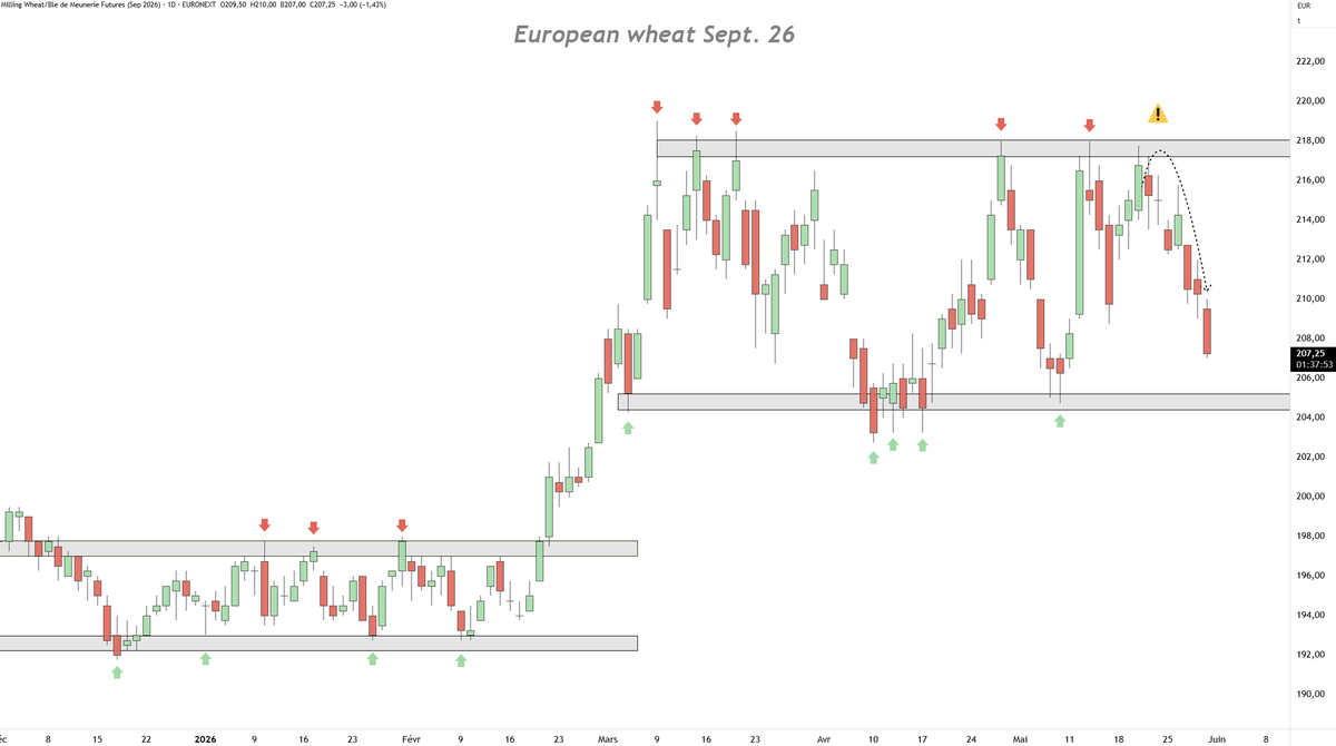 WATCHER_GRAINS's tweet photo. 🇪🇺🌾European wheat is now back at the lower end of the range...

As I told you when prices were at the top of the range, not selling any part of your 2026 production despite bearish technical signals and fundamentals that were not as bullish as the USDA report initially suggested was a mistake.

And unfortunately, the market may once again be showing us why.