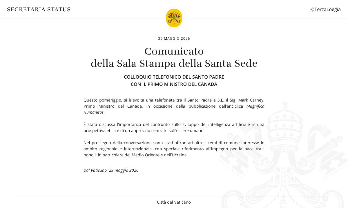 TerzaLoggia's tweet photo. Questo pomeriggio, si è svolta una telefonata tra il Santo Padre e S.E. il Sig. Mark Carney, Primo Ministro del Canada. https://t.co/CpSECGOVVQ