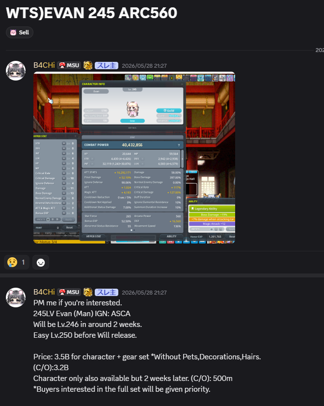M4PL3N's tweet photo. Selling my 245lv Evan.
i dont quit, i just wanna play other class. @MaplestoryU https://t.co/PywOIlBOvq