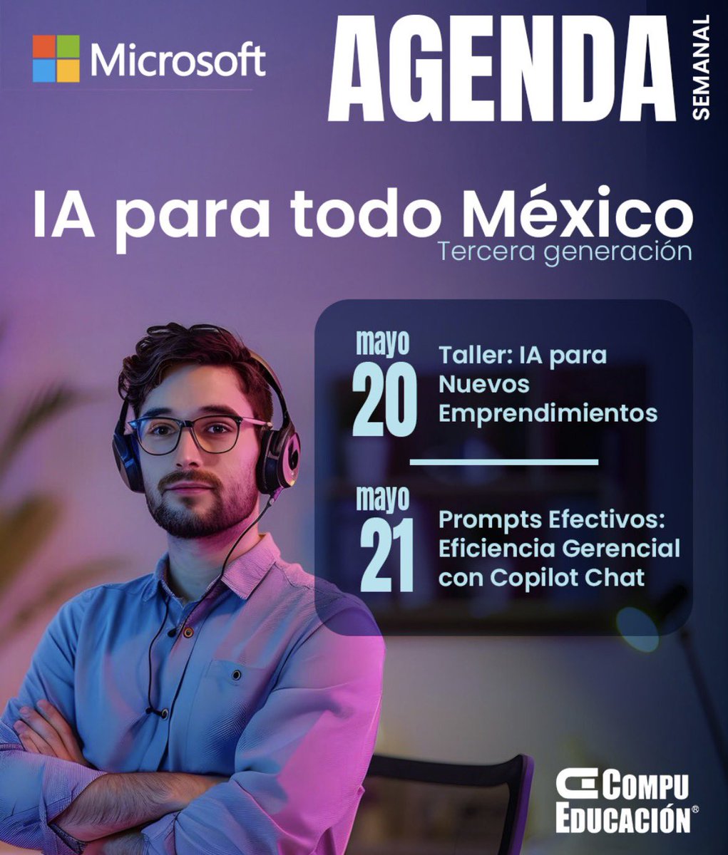 CompuEducacion_'s tweet photo. AGENDA JUNIO "IA para todo México"

Junio 02 | Taller: IA para Comunicación y Presentaciones Efectivas
Junio 04 | IA responsable: En el Laberinto legal de la creatividad y la privacidad
Junio 10 | Taller: Creación de Video con IA
🔗 Inscríbete: https://t.co/4t1yrDSnge https://t.co/yntoZ7IHQK