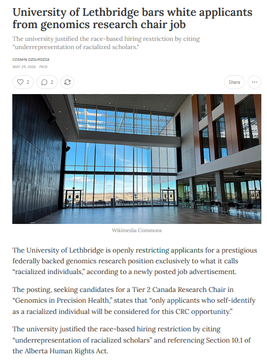 cosminDZS's tweet photo. The University of Lethbridge is openly restricting applicants for a prestigious federally backed genomics research position exclusively to what it calls “racialized individuals,” according to a newly posted job ad.
https://t.co/XNo1VxV5HN https://t.co/U7rjU3IBzB