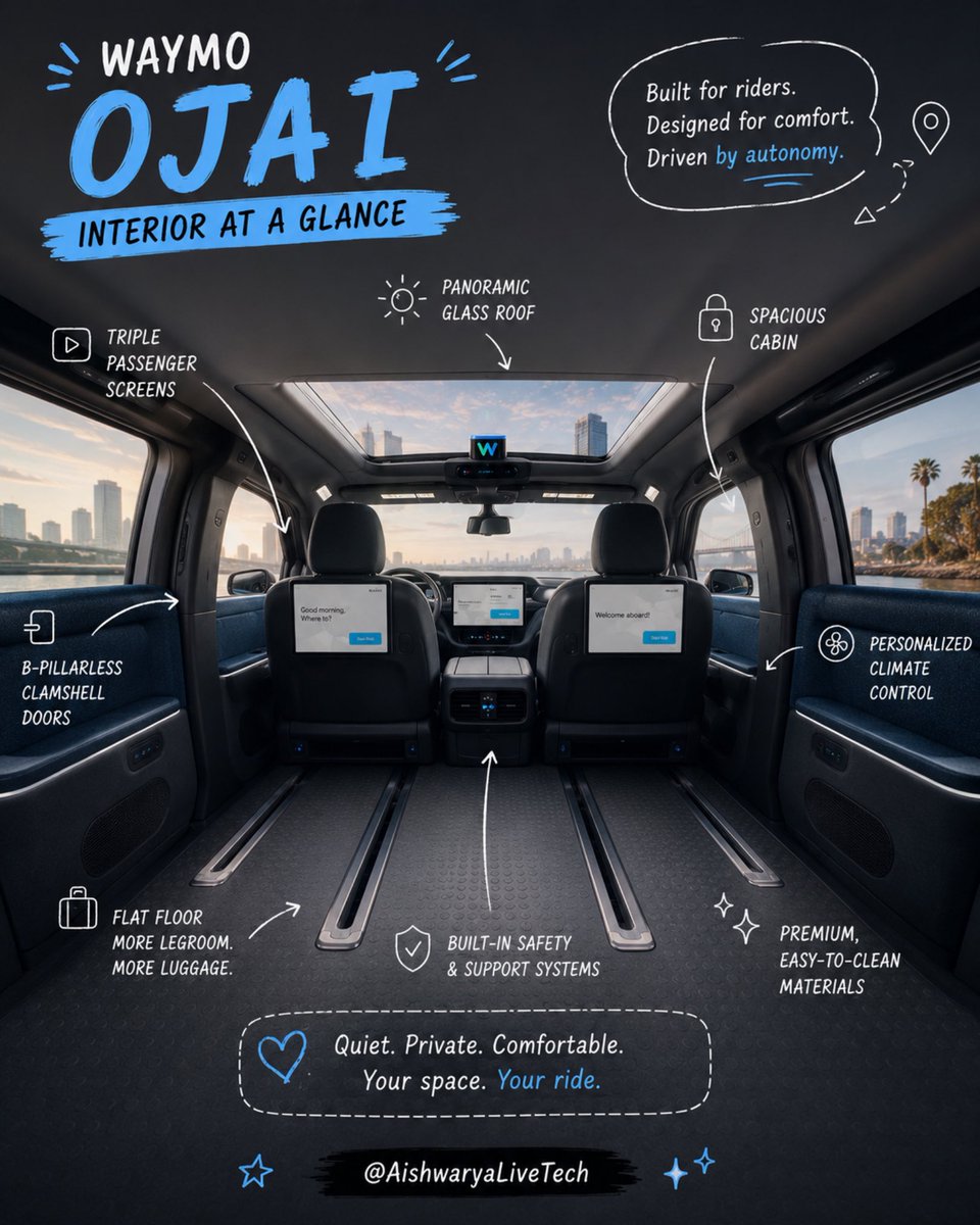 AishwaryaTech3's tweet photo. 🚖 The New Waymo Ojai, hitting the streets of San Francisco, Los Angeles, and Phoenix, is the company’s first purpose-built robotaxi, manufactured by Chinese automaker Zeekr and equipped with Waymo’s 6th-generation Driver technology.
@Waymo https://t.co/3cciJxYM1f