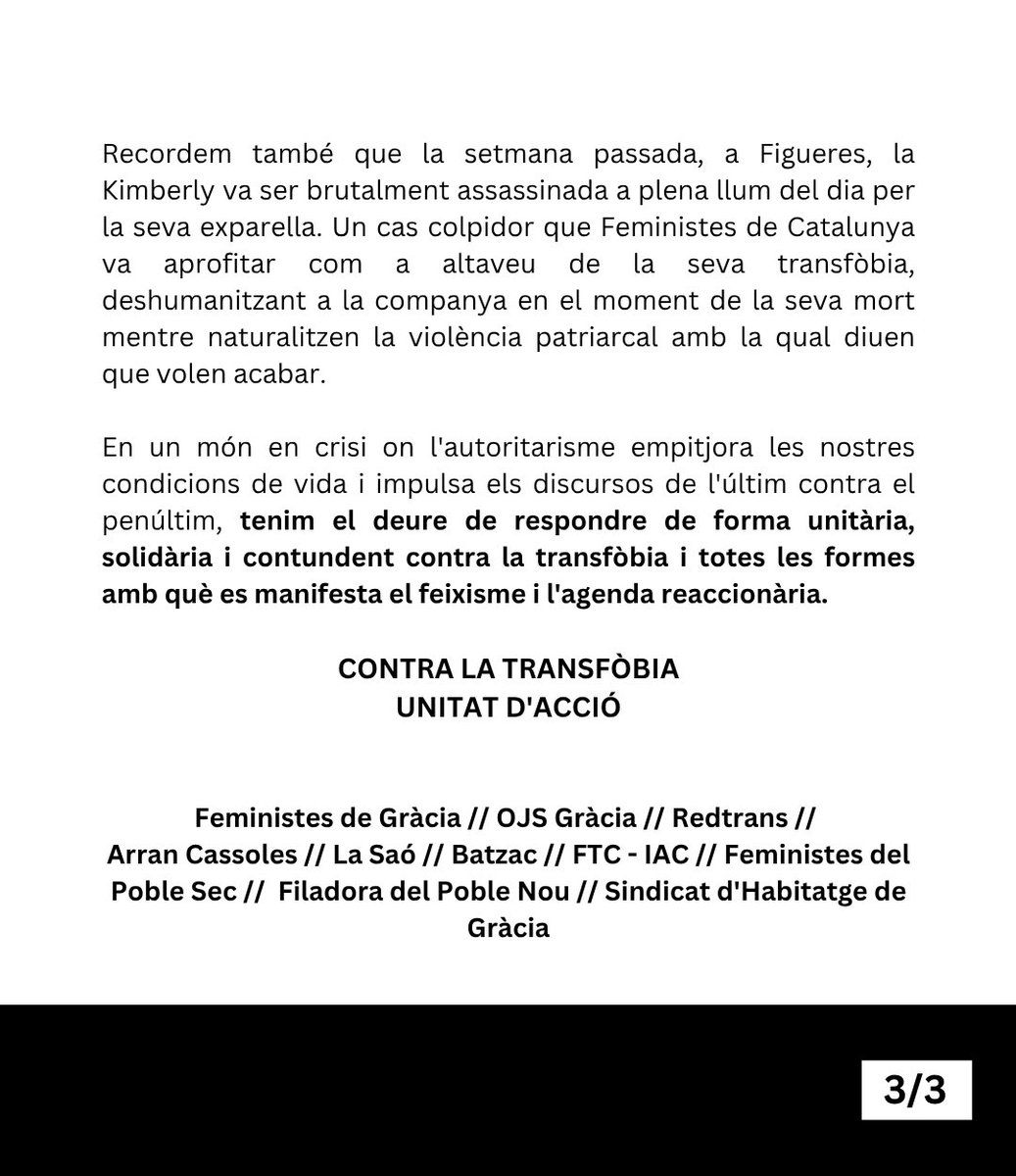OJS_Gracia's tweet photo. 👉MANIFEST UNITARI

Avui hem estat on hem d’estar: responent a primera línia contra discursos reaccionaris i atacs contra els drets sexuals i de gènere de la nostra classe, fent efectiva la nostra solidaritat i confrontant als seus agitadors

CONTRA LA TRANSFÒBIA, UNITAT D’ACCIÓ! https://t.co/DcnHdmXk8N