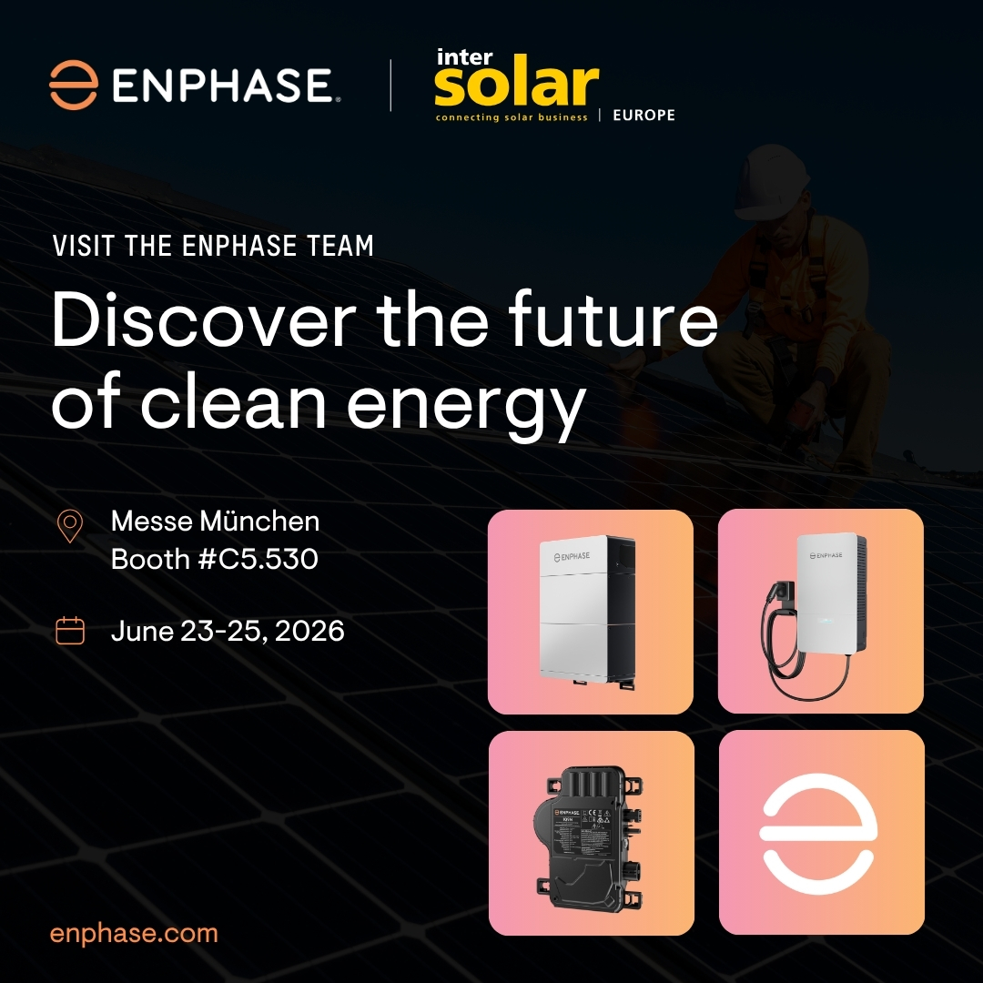 Enphase's tweet photo. Munich, we’ll see you soon!

Join Enphase at #IntersolarEurope 2026 as we showcase the latest innovations shaping the future of home energy — from next-generation #batterystorage to flexible EV charging and high-performance residential solar.

Visit Booth C5.530 to get a closer look at:
🔋 The upcoming fifth-generation IQ Battery
🔌 The IQ EV Charger portfolio and IQ Bidirectional EV Charger
☀️ IQ9 Microinverters built for next-generation #residentialsolar

We’re excited to connect with partners, installers, and industry leaders helping move the energy transition forward!