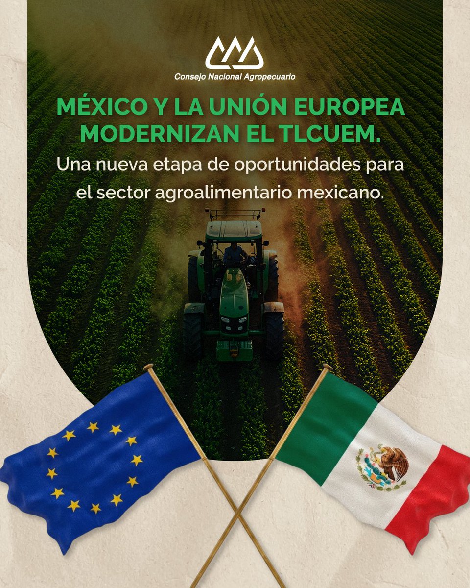 CNAgropecuario's tweet photo. La modernización del #TLCUEM representa una gran oportunidad para fortalecer la competitividad del #SectorAgroalimentario mexicano y ampliar su presencia en uno de los mercados más importantes del mundo.

Desde el #CNA reconocemos este avance estratégico para el #CampoMexicano y reiteramos nuestra disposición para seguir trabajando de manera coordinada en beneficio de toda la cadena productiva.