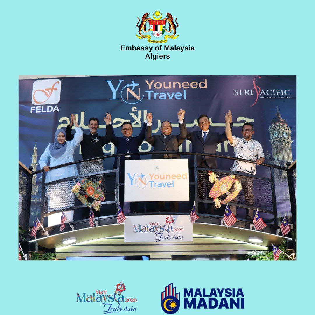 MYEmbAlgiers's tweet photo. H.E. Amb. @rizanymazlan had the honor of inaugurating the Malaysia Pavilion at the International Tourism and Travel Fair (SITEV 2026) that brings together a powerhouse delegation including FELDA, Seri Pacific, and Wings by Croske Resort Langkawi coordinated by Youneed Travel. https://t.co/ptoAwlojnf