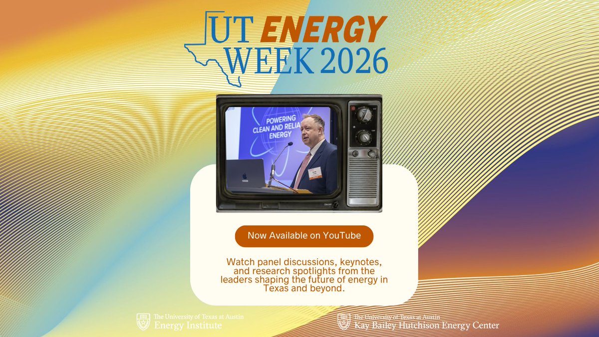 EnergyUT's tweet photo. From grid modernization and nuclear innovation to the growing impact of data centers on electricity demand, UT Energy Week 2026 brought together experts to tackle the energy sector’s biggest challenges. 

Watch the sessions now: https://t.co/peuqPtrNez  

#UTEnergy #TexasIsEnergy https://t.co/xch2kr51u0