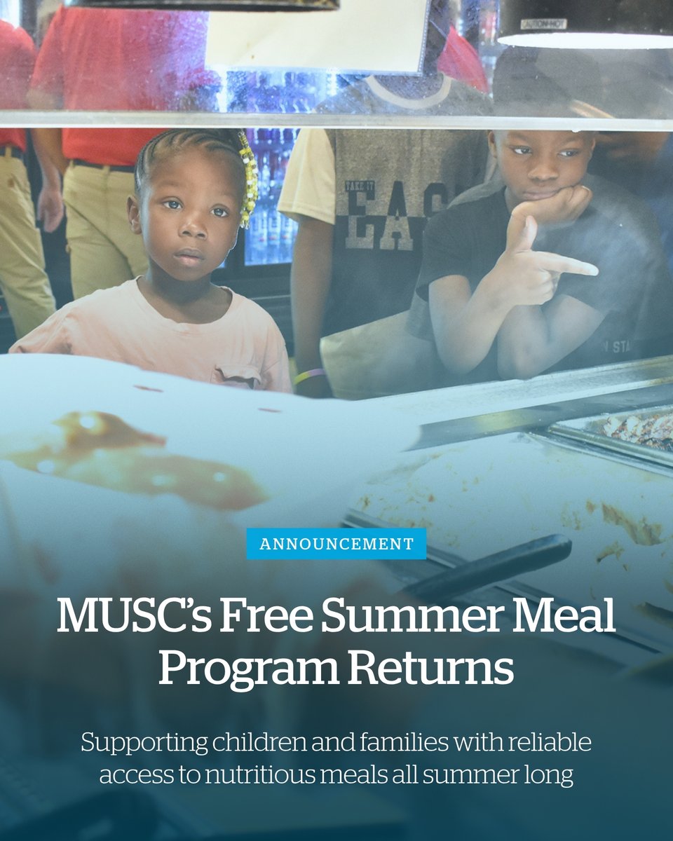 MUSCkids's tweet photo. Kids Eat Free at MUSC returns this summer, offering free healthy meals for children and teens at participating locations across South Carolina.

Explore locations, dates, and meal service information: https://t.co/ztHWsyjrLu

#ImWhatsPossible https://t.co/oSgOZIrFQ4