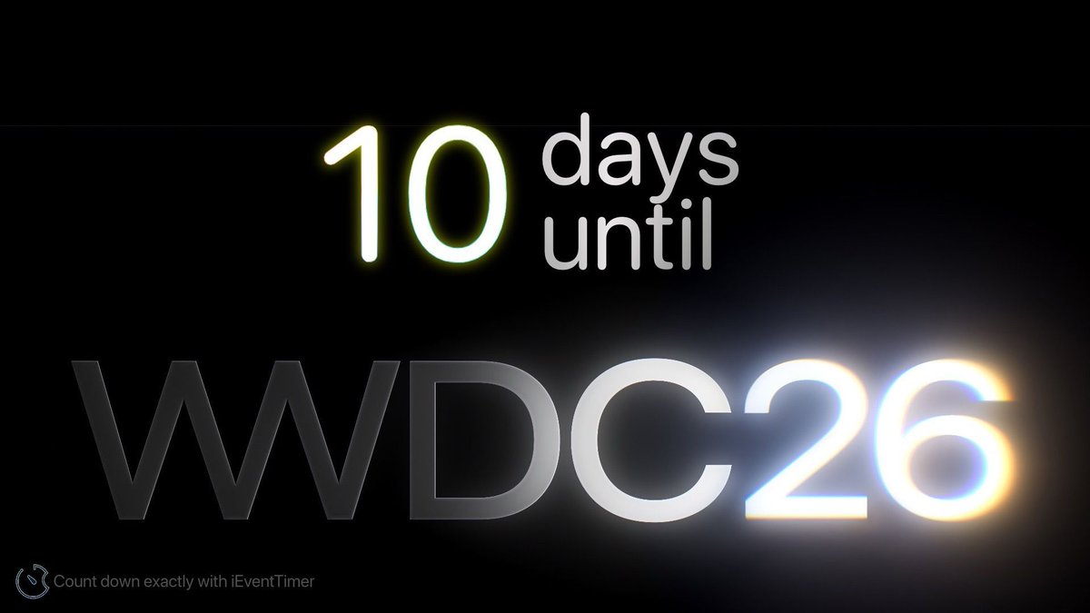 AppleEventTimer's tweet photo. WWDC starts in 10 days!

During #WWDC26, Apple will unveil iOS 27, macOS 27, watchOS 27, and more.

#AppleEvent #WWDC https://t.co/rLzSgKduxe