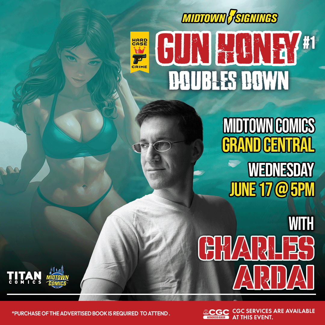 MidtownComics's tweet photo. 🎯 Get ready to aim for excitement, comic fans! Join us on WED JUN 17th at our Grand Central shop for a signing with the mastermind behind *Gun Honey Doubles Down #1*, Charles Ardai! 🖊️

🕵️‍♂️ **WHO:** Charles Ardai  
📍 **WHERE:** Midtown Comics GRAND CENTRAL  
🕐 **WHEN:** WED JUN 17th @ 5 PM  
📚 **WHAT:** Signing for *Gun Honey Doubles Down #1*  

**The Mission (aka Rules):**  
✨ Purchase any cover of *Gun Honey Doubles Down #1* at our Grand Central location on signing day (don’t worry, we’ve got plenty of ammo—uh, we mean copies!).  
✨ You can bring ONE item from your personal collection for signing.  
✨ All other items must be purchased during the event or from Midtown Comics (receipt required).  
✨ Up to 3 items can be signed—let’s keep it classy, 007!  
✨ Arrive early to secure your spot in line!  
✨ Photos with Charles? Absolutely, with his consent!  
✨CGC limited to IN-STORE ONLY

Can’t make it in person? No problem! Join us LIVE on Whatnot at the same time! Ask Charles your burning questions, snag some freebies, and get a book signed LIVE on camera—shipped right to your door! 📦

Download the Whatnot app and find @ MidtownComics! 

Let’s make this signing a license to thrill! See you there! 🎉

@comicstitan @CharlesArdai #TitanComics #MidtownComics #GunHoney #HardCaseCrime #CharlesArdai
