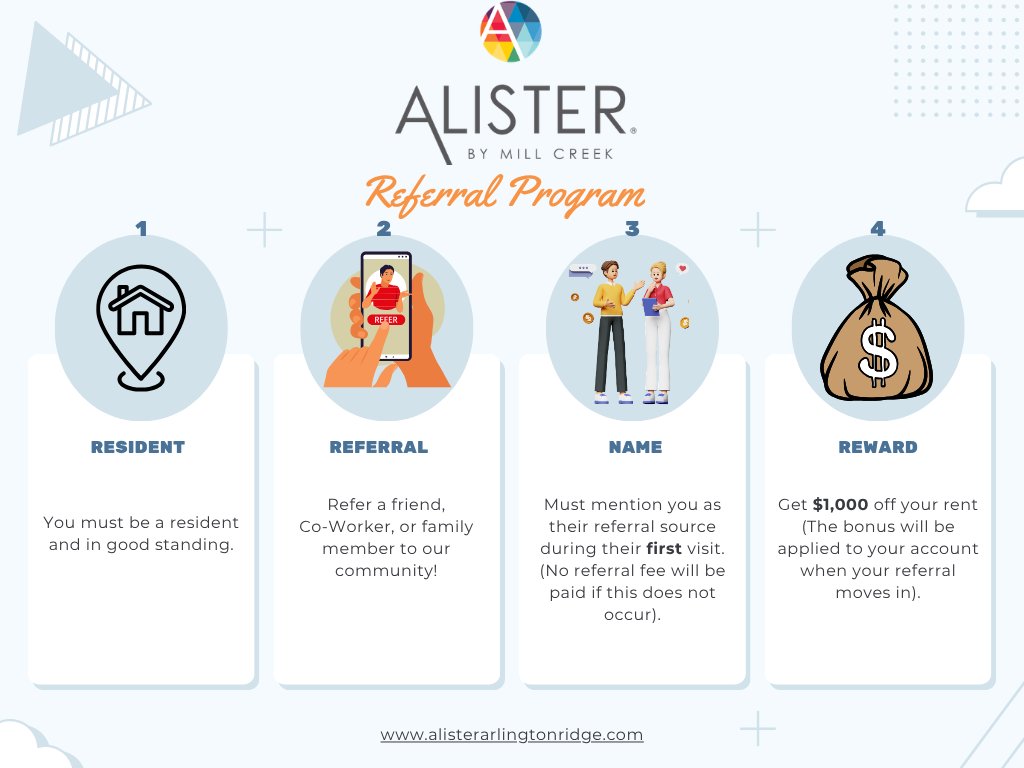 AlisterRidge's tweet photo. Now offering $1,000 for Resident Referral. Getting paid for choosing your neighbors? Yes, please! https://t.co/6BfpQSXRk1