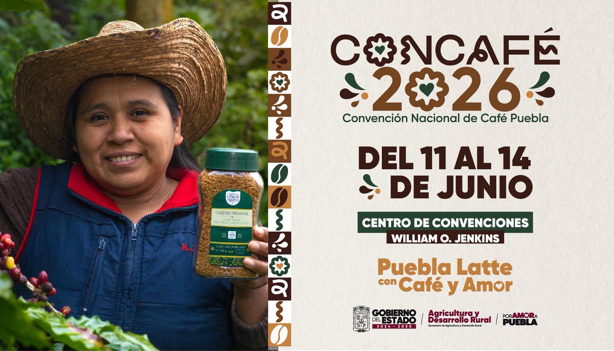 larevista_unica's tweet photo. ☕✨ ¡Atención, amantes del café!

Puebla se prepara para recibir la Concafé 2026, la Convención Nacional de Café que reunirá aroma, sabor, tradición y cultura cafetalera en un solo lugar. 🤎

📅 Del 11 al 14 de junio 
📍 Centro de Convenciones, Puebla.
#Concafé2026 #Puebla #Café #ConvenciónDelCafé @Gob_Puebla