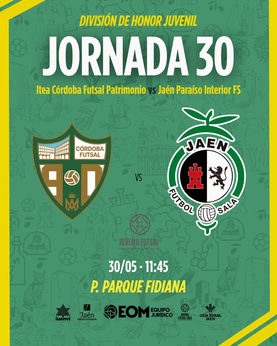 JaenFSbase's tweet photo. 🟡 JUVENIL DIVISIÓN DE HONOR

✅ 𝗛𝗢𝗥𝗔𝗥𝗜𝗢 𝗢𝗙𝗜𝗖𝗜𝗔𝗟 - 𝗝𝗢𝗥𝗡𝗔𝗗𝗔 𝟯𝟬

▶️ Último partido de liga para el EOM Equipo Jurídico @JaenFS

⚽️ 30/05 · 11:45 🆚 @CordobaFutsal
🏟️ P. Parque Fidiana

#SomosJaén💛 #FuturoAmarillo https://t.co/ltdVdq6JBj