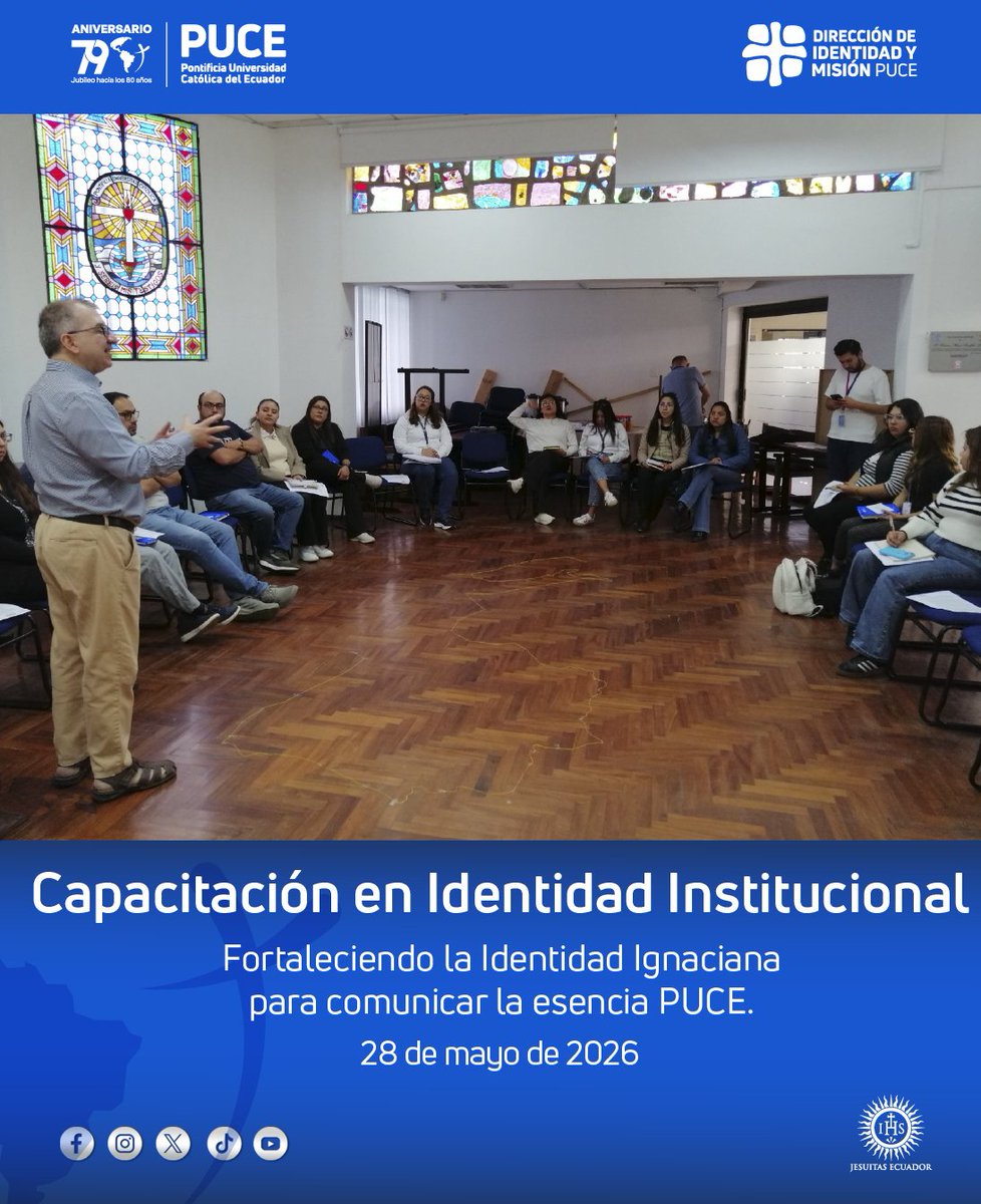 PUCEDIM's tweet photo. 🔝 El 28 de mayo de 2026, el equipo de captación de la de la PUCE participó en una capacitación de identidad institucional, desarrollada en la @PUCEDIM, con el propósito de fortalecer la identidad ignaciana para comunicar la esencia de nuestra universidad. https://t.co/aJZCwzTwAa