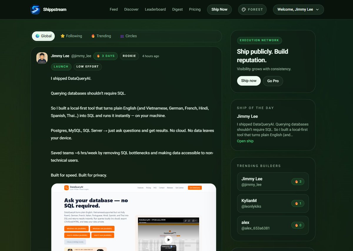 1001binary's tweet photo. #ShippStream has accidentally become my daily habit 😅

I open it every day.
Post a ship.
Check what other builders shipped.

Loving the Forest 🌲 and Ember 🔥 themes too. Two themes like #FreshLimePay (B2B) and #DataQueryAI 😄😄

If you're building, launching, or improving anything, share your updates publicly.

100% free:
https://t.co/HYYWKq43a3

#BuildInPublic #IndieHackers #ShippStream #Startup #Startups #SaaS #MicroSaaS #Founder #FounderLife #Entrepreneur #Solopreneur #Makers #MakerCommunity #Productivity #ProductLaunch #Launch #Build #Ship #Shipping #SideProject #SideHustle #Bootstrapped #Bootstrapper #OpenStartup #Tech #Technology #Coding #Programming #WebDev #Developer #SoftwareDeveloper #AI #ArtificialIntelligence #Create #Innovation #DigitalProducts #OnlineBusiness #Community #Growth #StartBuilding