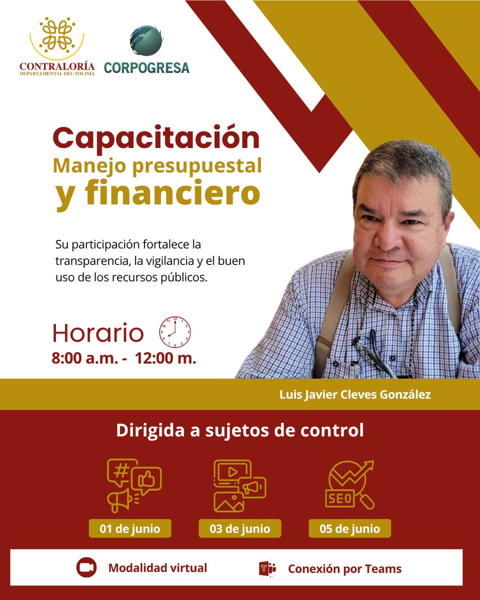 ControlTolima's tweet photo. 📢 Invitamos a todos los sujetos de control del departamento a participar en las jornadas de capacitación sobre manejo presupuestal y financiero, orientadas al fortalecimiento de la transparencia, la vigilancia fiscal y el adecuado uso de los recursos públicos. https://t.co/oV5KmRYHEX