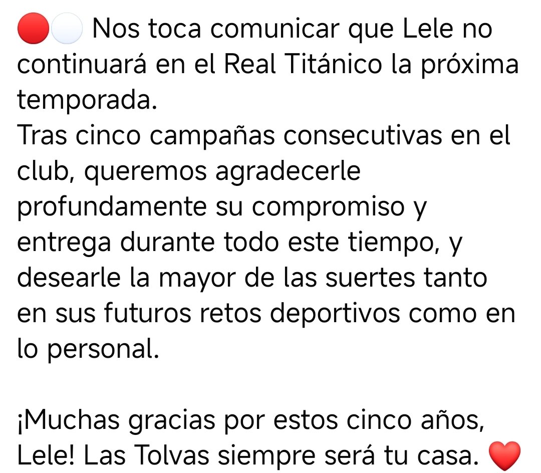 RTITANICO's tweet photo. ❌ Tras cinco Temporadas, Lele no continúa en el Club. 

#navegamosjuntos
#realtitanico26_27
#115aniversario
🔴⚪🔵🛳🛳 https://t.co/ypdPhqfbNR