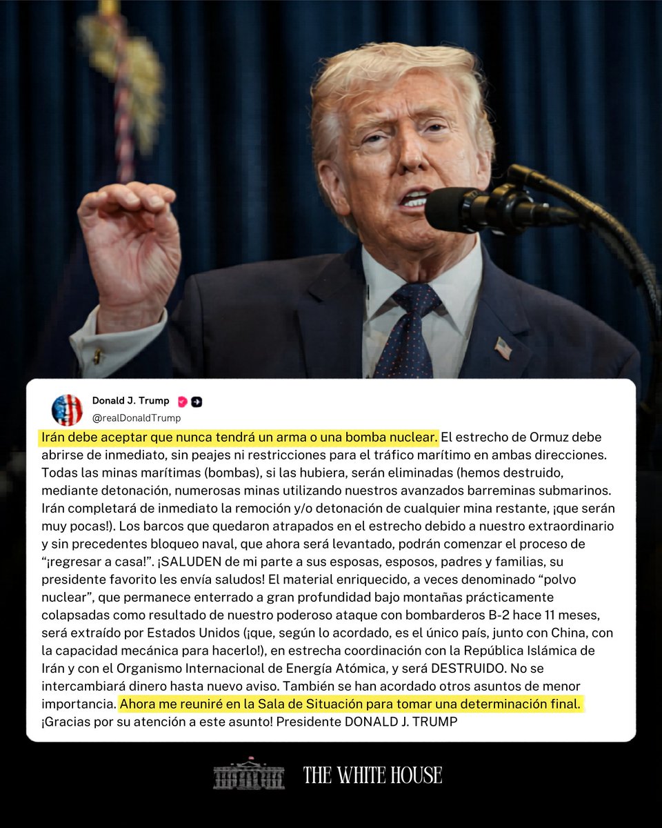 USAenEspanol's tweet photo. “Irán debe aceptar que nunca tendrá un arma ni una bomba nuclear... Ahora me reuniré en la Sala de Situación para tomar una determinación final.” -Presidente Donald J. Trump 🇺🇸 https://t.co/I3mrm6kDeN
