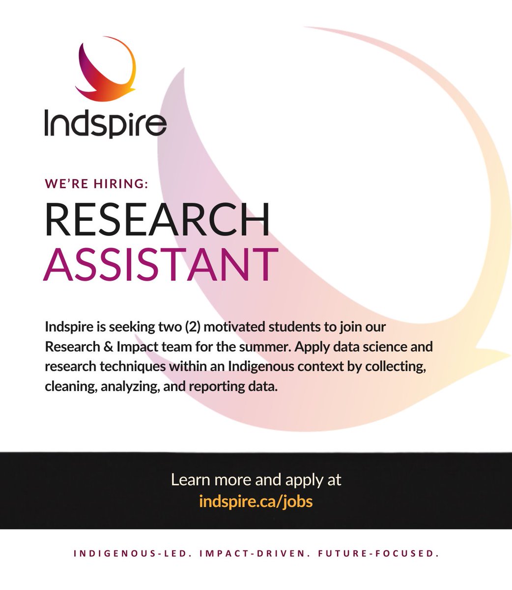 Indspire's tweet photo. 📊 Indspire is hiring two (2) Research Assistants for the summer!

This is a great opportunity for students interested in research, data science, program evaluation, and Indigenous education. 🧡

📍 Ohsweken / Toronto / Remote
💲 $25/hour

📅 Apply by June 2, 2026 at 5 PM EST

Apply now: https://t.co/Go6ZLr8NmT

#Indspire #StudentJobs #ResearchJobs #IndigenousEducation