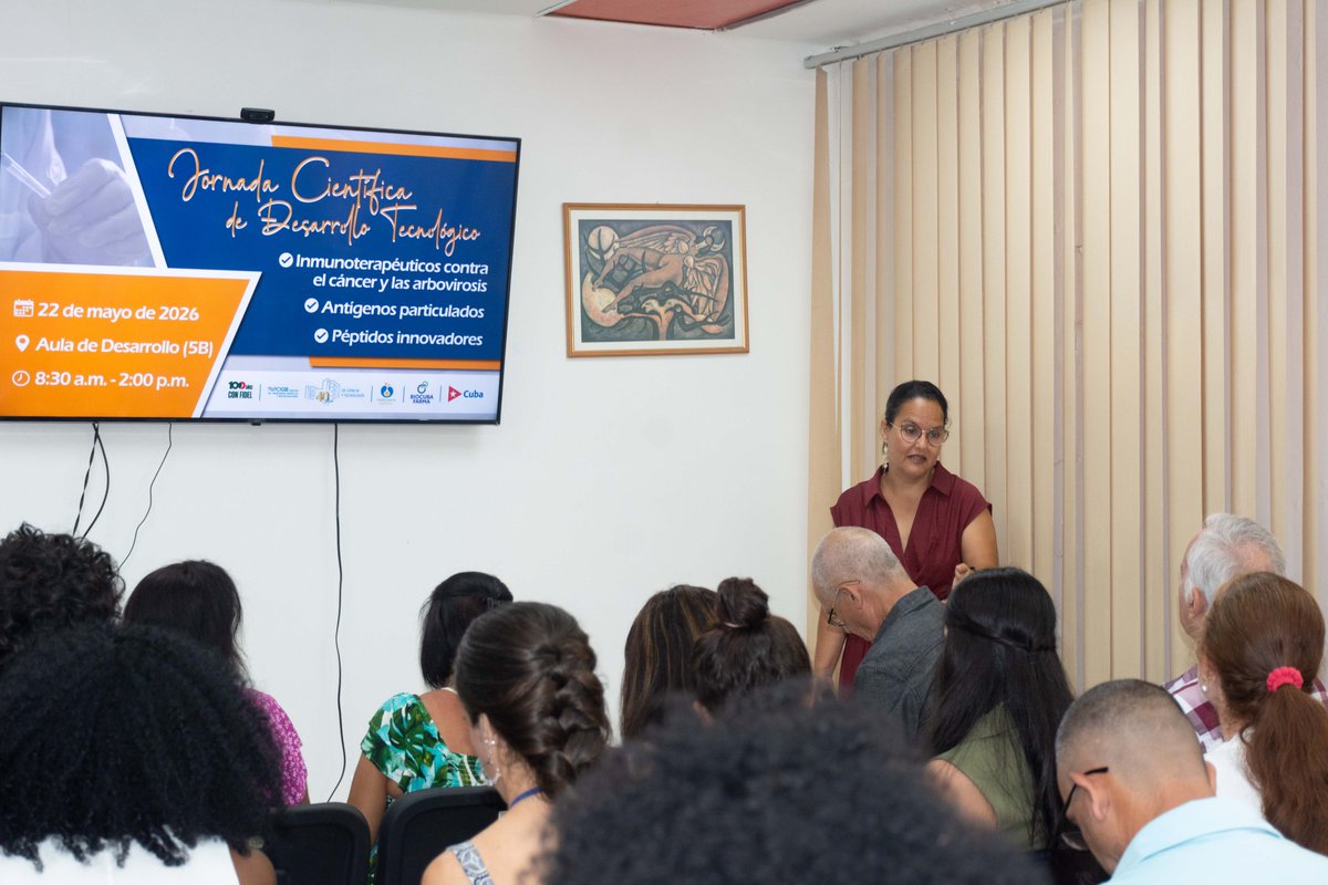 CIGBCuba's tweet photo. Inició la Jornada Científica de la Dirección de Desarrollo Tecnológico del @CIGB. Destacan avances en inmunoterapia contra cáncer y arbovirosis, antígenos particulados y péptidos innovadores. Incluye balance 2025-primer semestre 2026 a cargo de la Dra. C. Ania Cabrales Rico. https://t.co/hDClMSVW1q