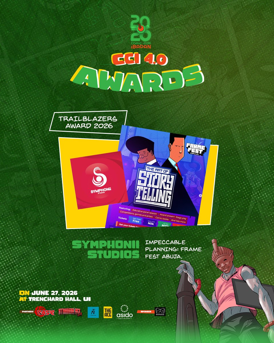 Comic_con_ib's tweet photo. Meet the nominees for the Trailblazer Award category of the CCI Awards 2026

In no particular order:
1. Symphoni Studios for organising Frame Fest Abuja, an event that captured the essence of what the #comics industry needs: arts and storytelling contest among others. https://t.co/kdX5N7NXuw