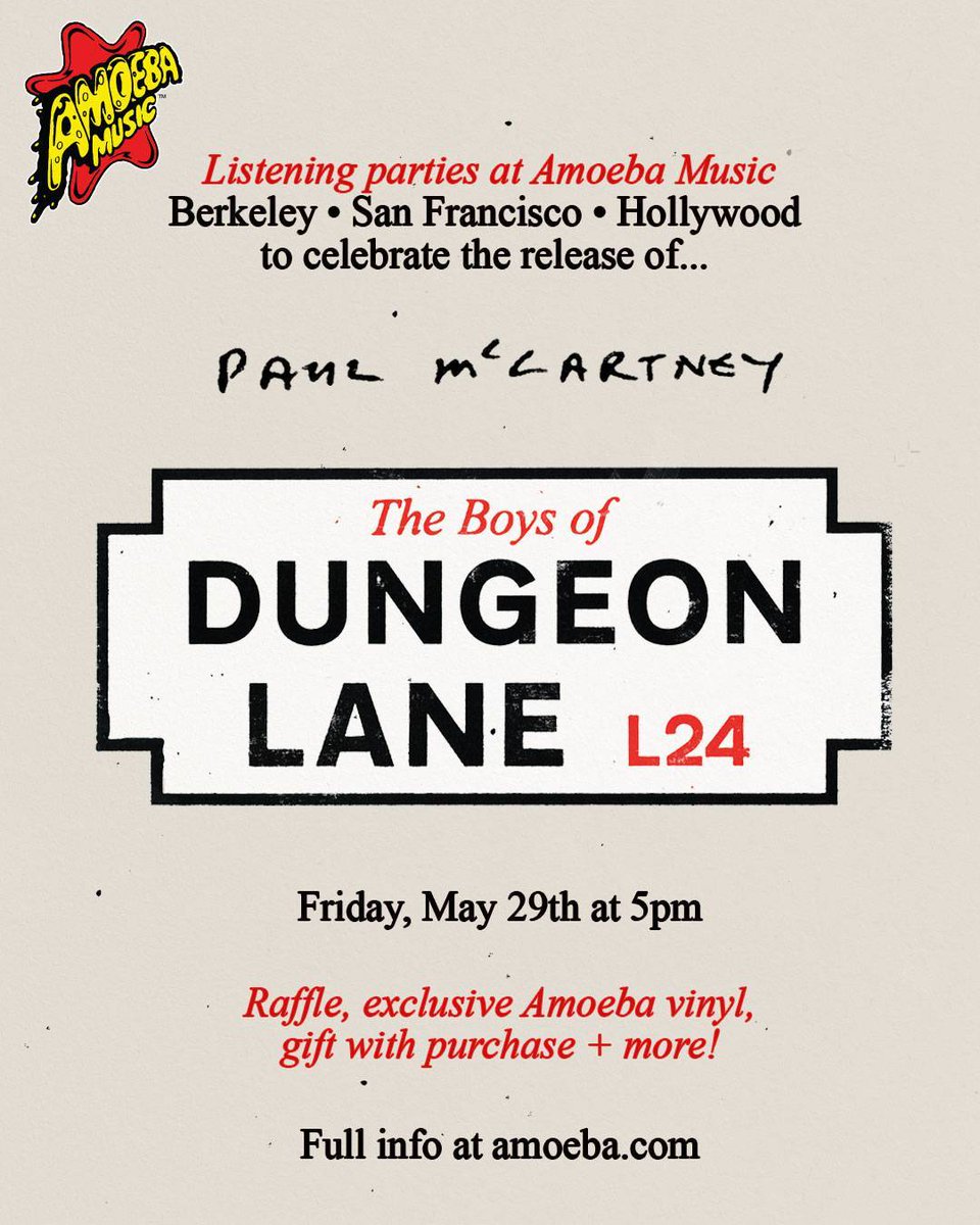 amoebamusic's tweet photo. We're having listening parties for @PaulMcCartney's "The Boys of Dungeon Lane" at all Amoeba stores TODAY at 5pm!

#ListenToPaulMcCartney, get a free postcard set, raffle to win a canvas art print, and tote bag with purchase (while supplies last)!

Info: https://t.co/zOd1FWkgaA https://t.co/xG0S31h2fw