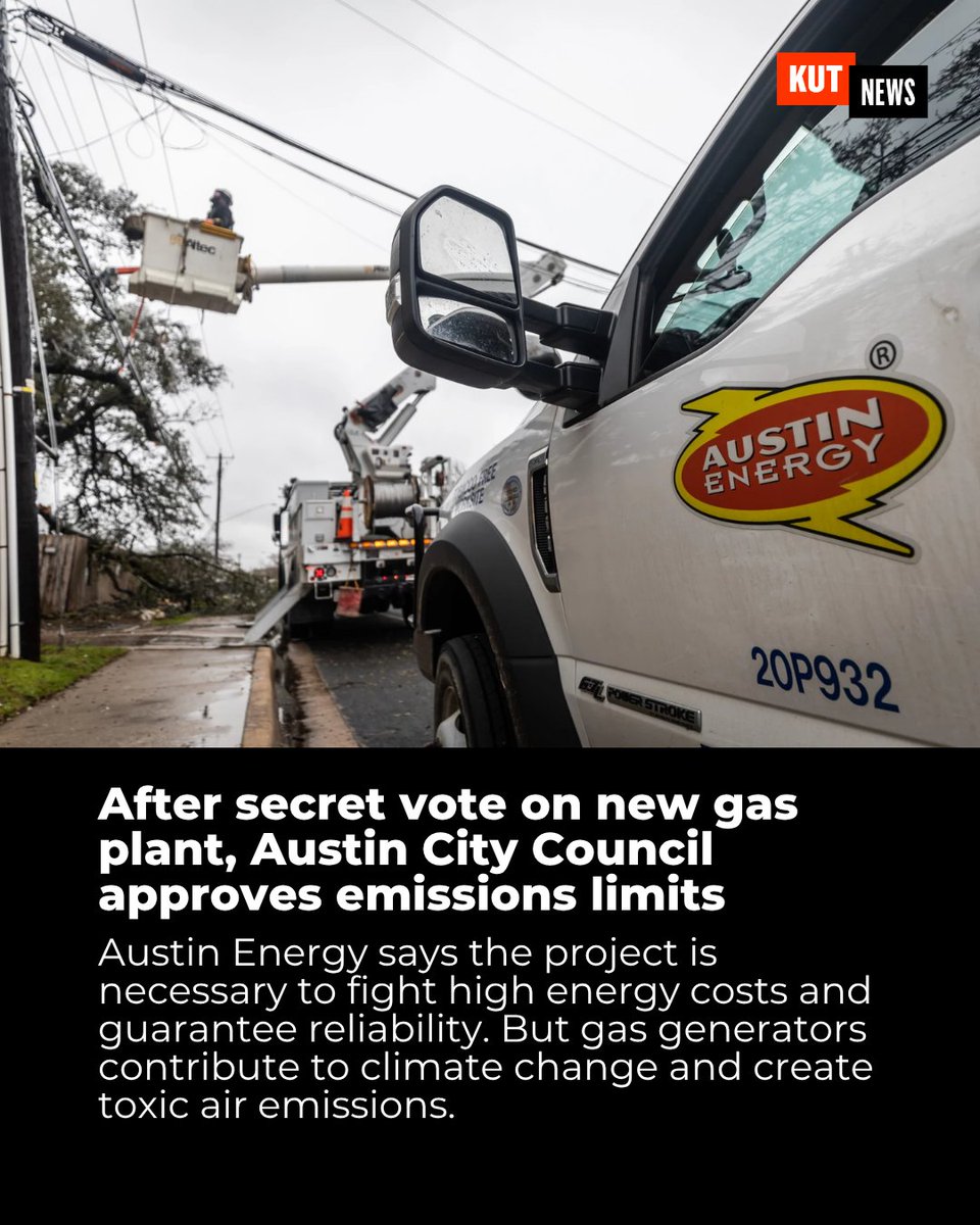 KUT's tweet photo. Austin City Council has approved guidelines for how a new natural gas plant will be built. Council members say the rules will help reduce emissions and harmful local impacts from the facility, the future location and cost of which remains unknown. https://t.co/OwDJl6llyI https://t.co/2mM4j5SYRO