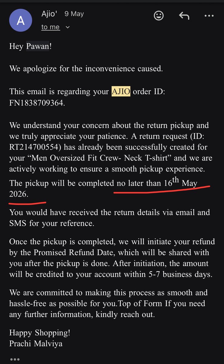 MerPawan's tweet photo. Dear @AJIOLife @AjioCares 

I placed a return request on 23 February.

Since then, your system has mastered a new feature:

✅ Cancel return request
✅ Create new return request
✅ Push pickup date further

Repeat. https://t.co/4jxgVb6lwR