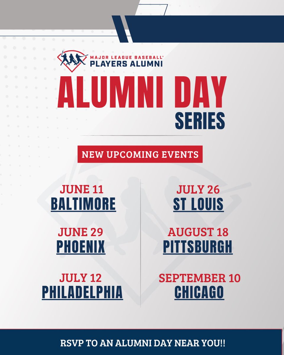 MLBPAA's tweet photo. Our summer tour continues! Join us at an Alumni Day in a city near you 🎉

Former players, RSVP here: https://t.co/XPlwqtNKpO https://t.co/0IsxUzmr9n